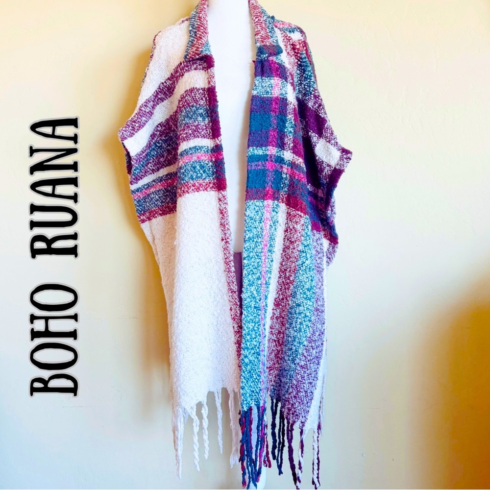 Oversized Open Front Plaid Fringed Blanket Chunky Knit Poncho / Ruana